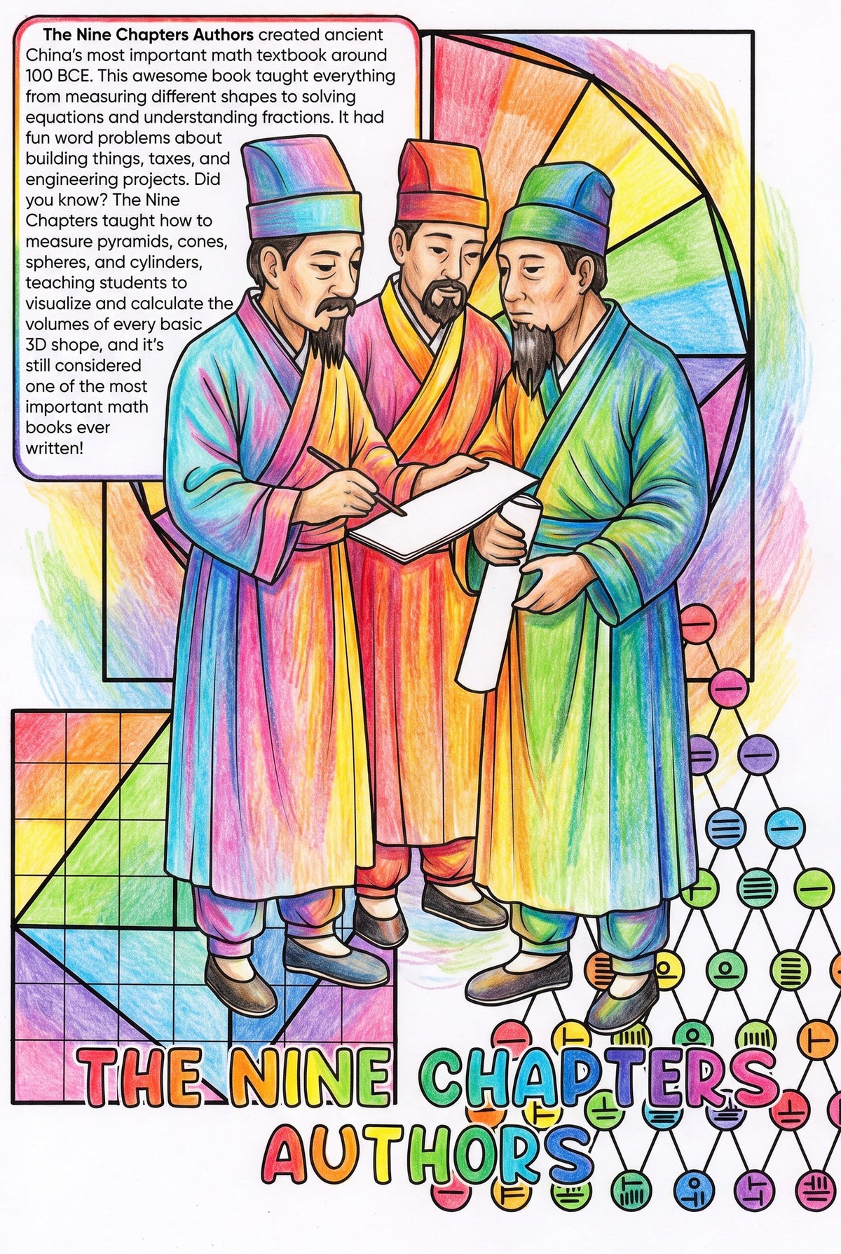 The Nine Chapters Authors colouring page from the Brilliant Minds Ancient Chinese Mathematicians book, shown coloured in