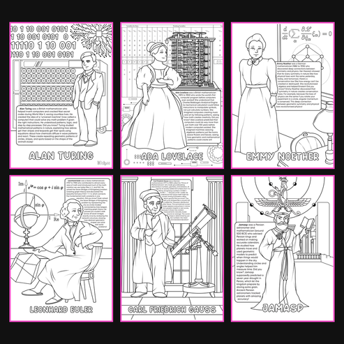 Brilliant Minds Colouring In Series cover: Modern Mathematical Pioneers, all six printable A4 pages
