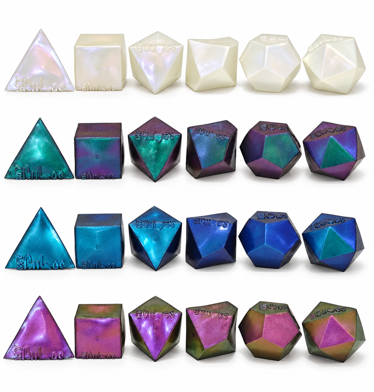 Four colourways of CMY Cubes Platonic solid sets in pearl, teal, blue and purple