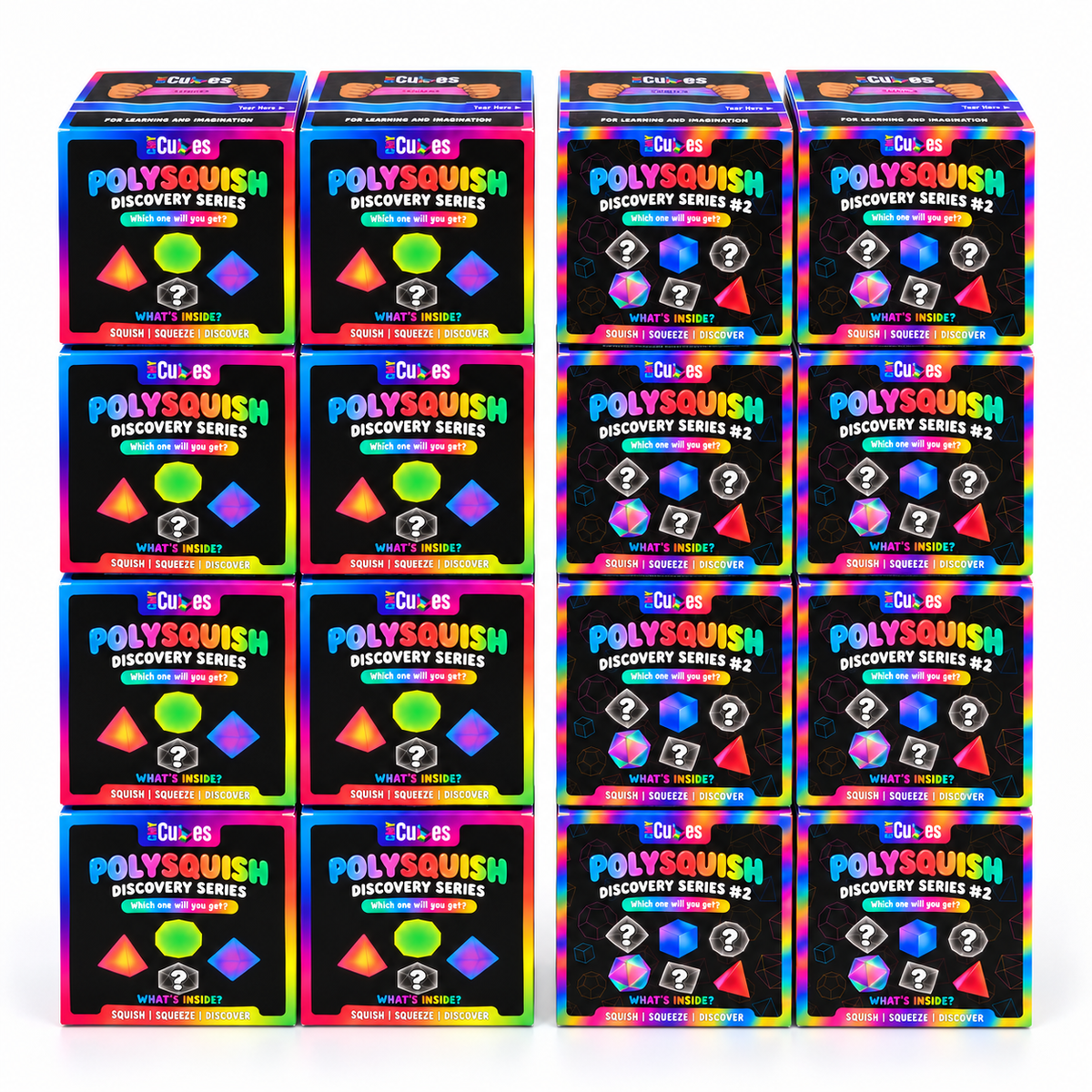 Eight PolySquish Discovery Series #1 boxes and eight Discovery Series #2 boxes