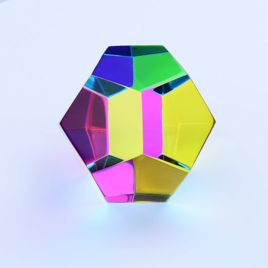 The Mundus, a translucent CMY dodecahedron, showing blues and violets where its faces overlap