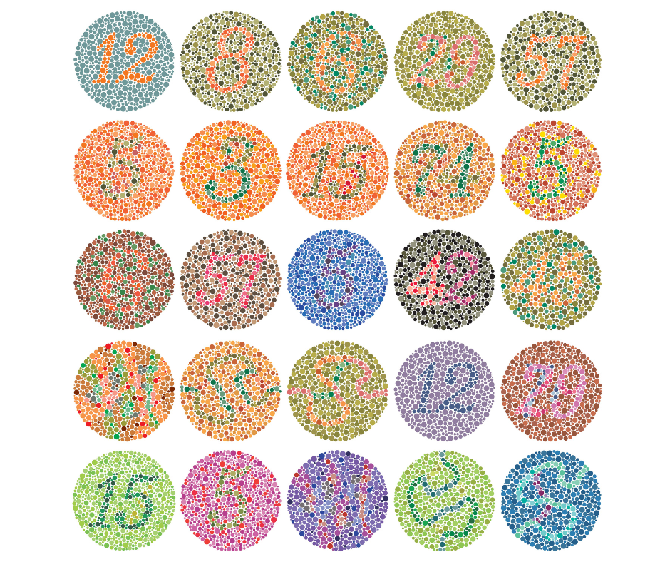 Grid of Ishihara colour blindness test plates