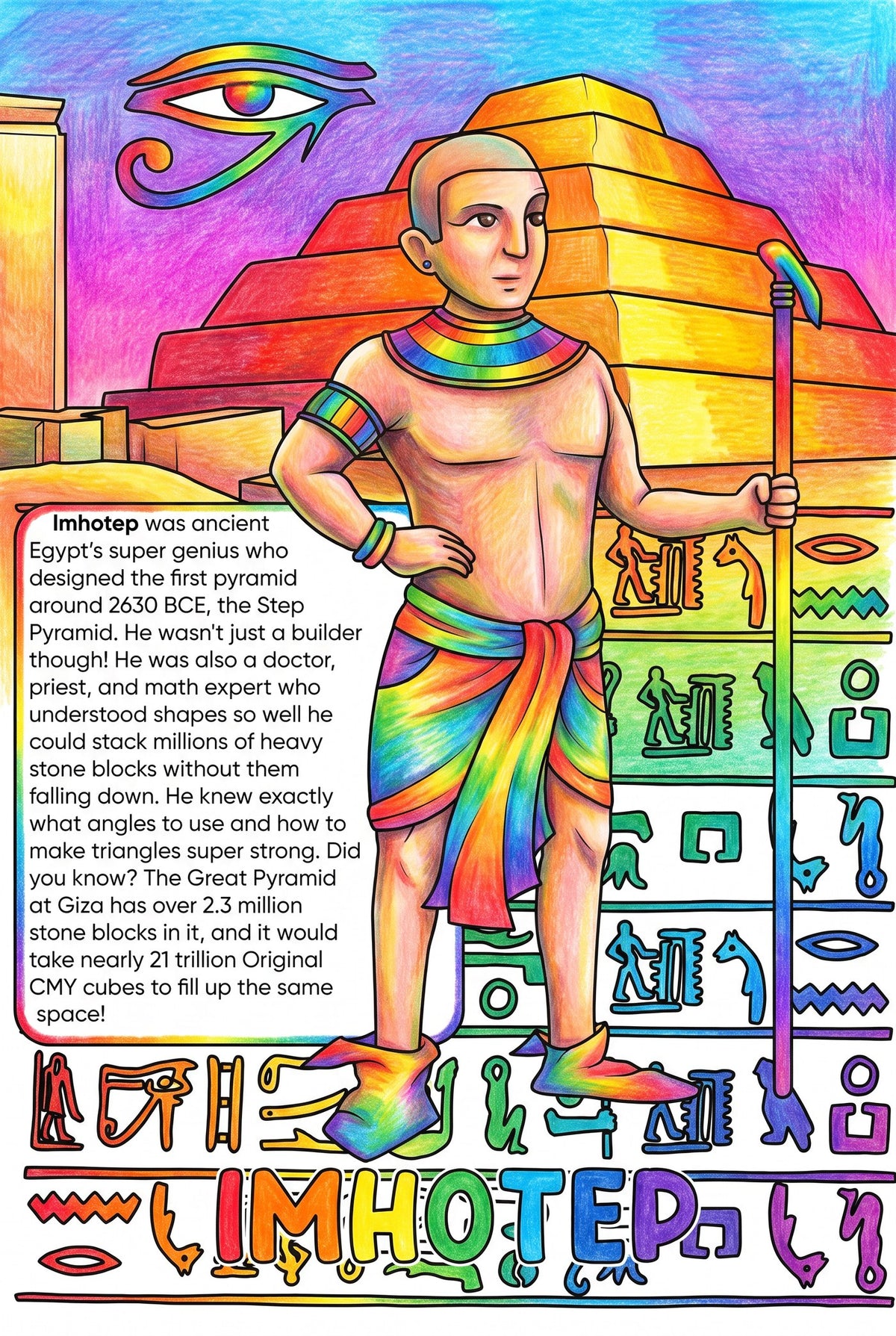 Imhotep colouring page from the Brilliant Minds Ancient Egyptian Pioneers book, shown coloured in