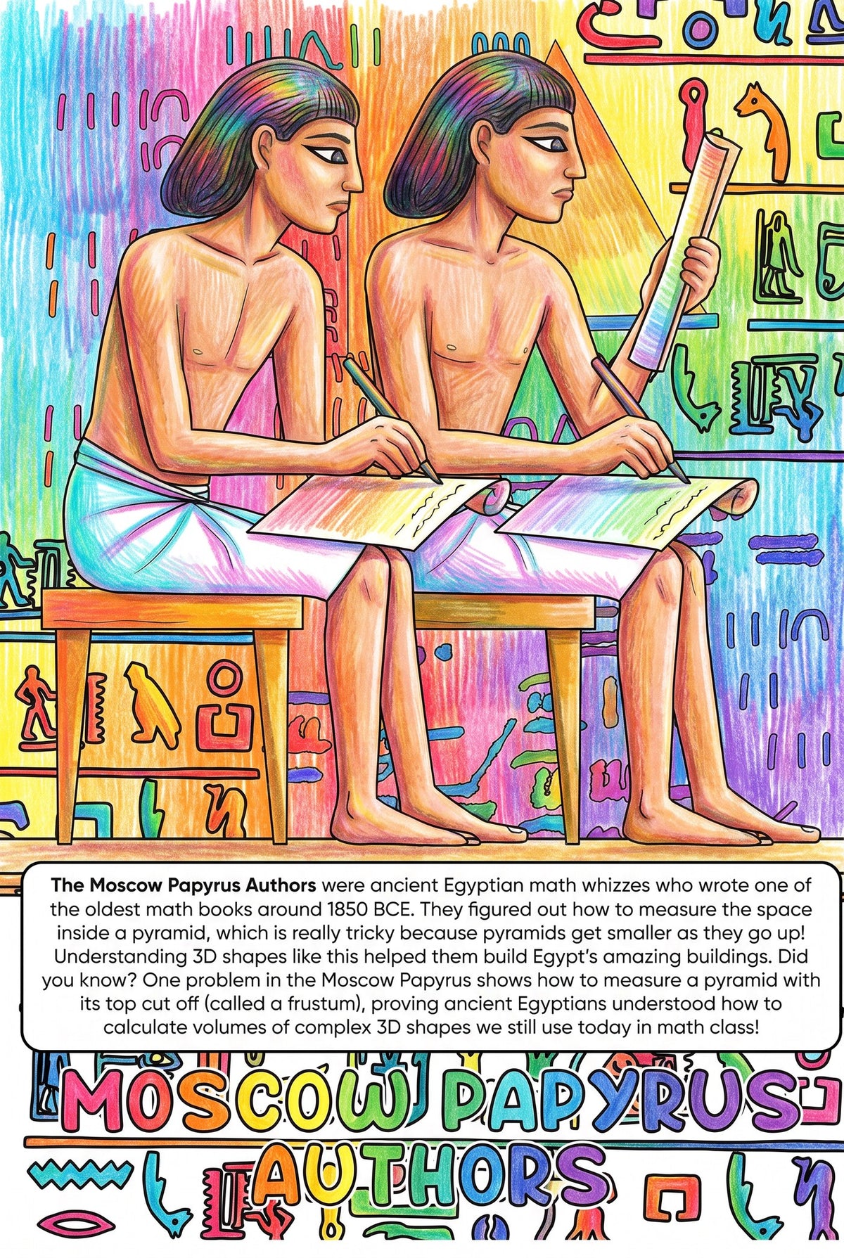 Moscow Papyrus Authors colouring page from the Brilliant Minds Ancient Egyptian Pioneers book, shown coloured in