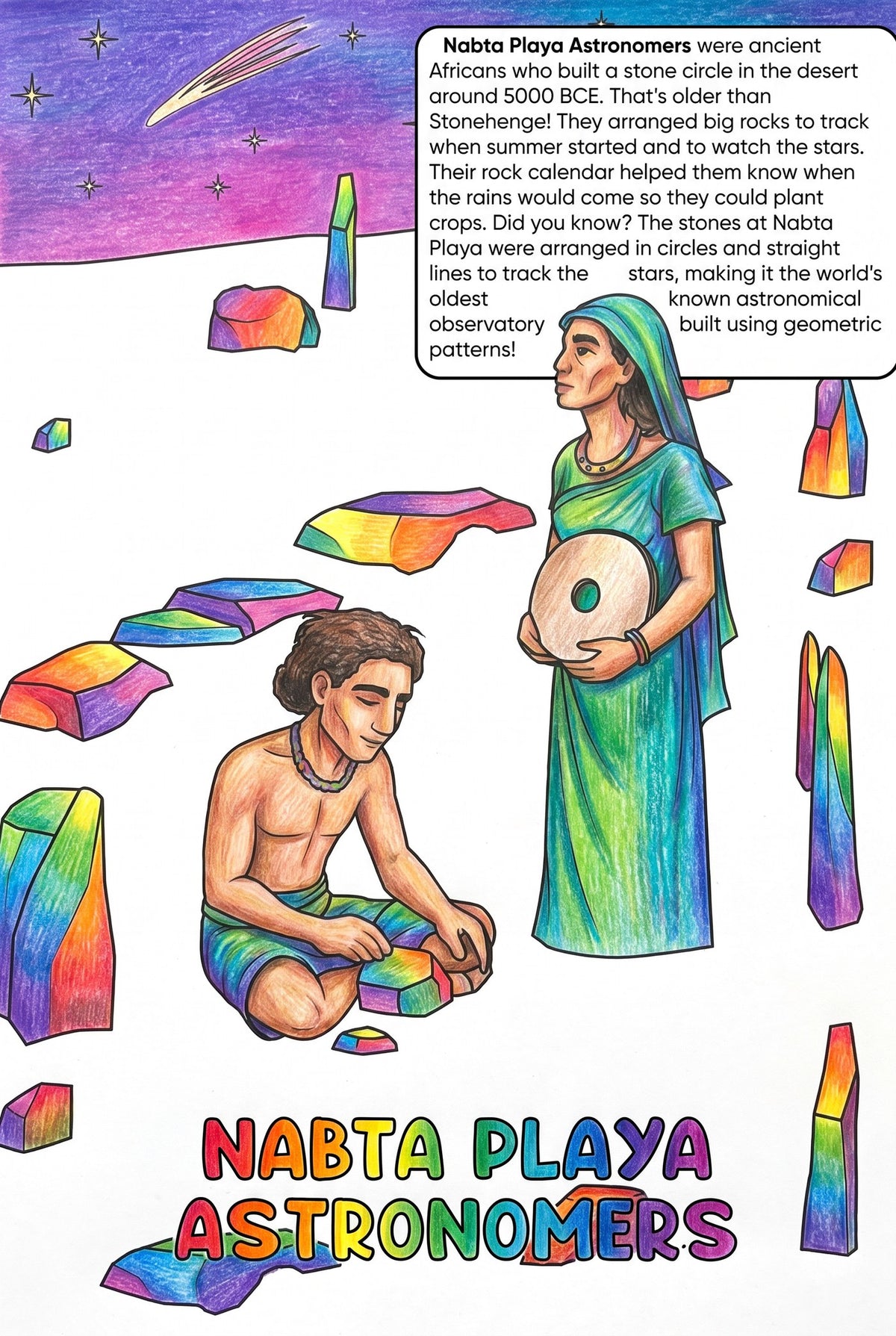 Nabta Playa Astronomers colouring page from the Brilliant Minds Ancient Egyptian Pioneers book, shown coloured in