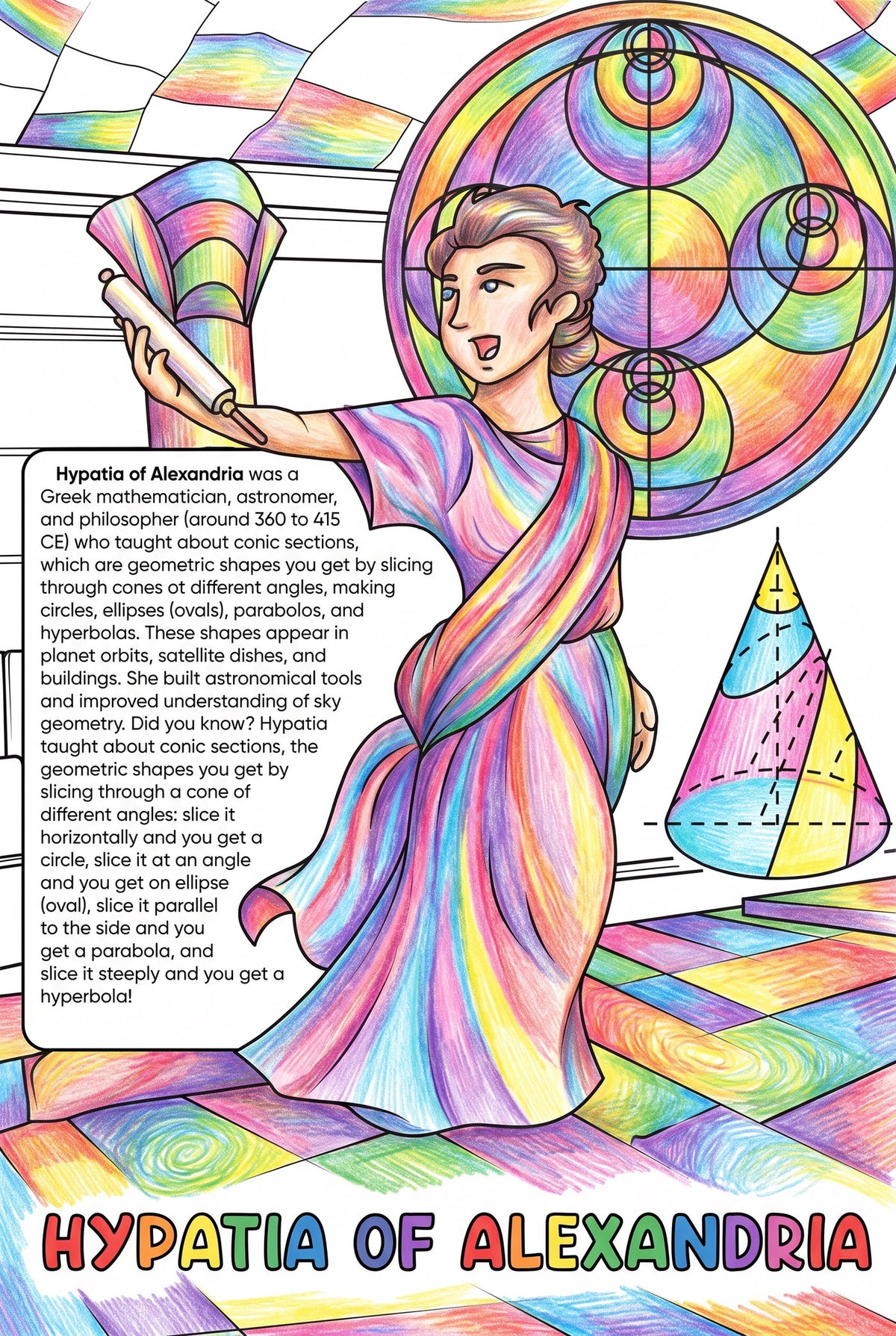 Hypatia of Alexandria colouring page from the Brilliant Minds Ancient Egyptian Pioneers book, shown coloured in