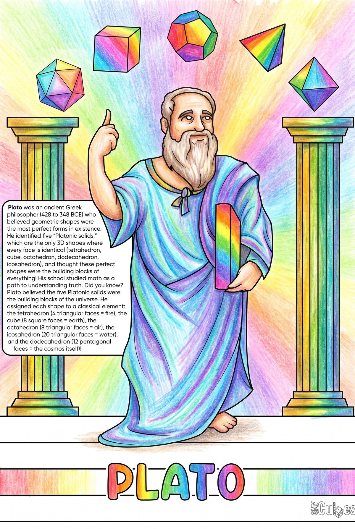 Plato colouring page from the Brilliant Minds Ancient Egyptian Pioneers book, shown coloured in