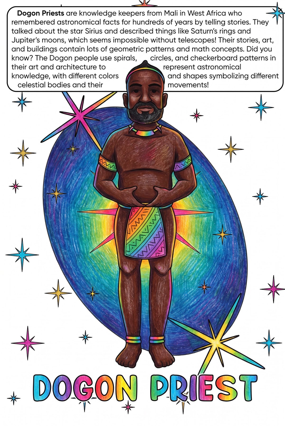 Dogon Priests colouring page from the Brilliant Minds Ancient African Knowledge Keepers book, shown coloured in