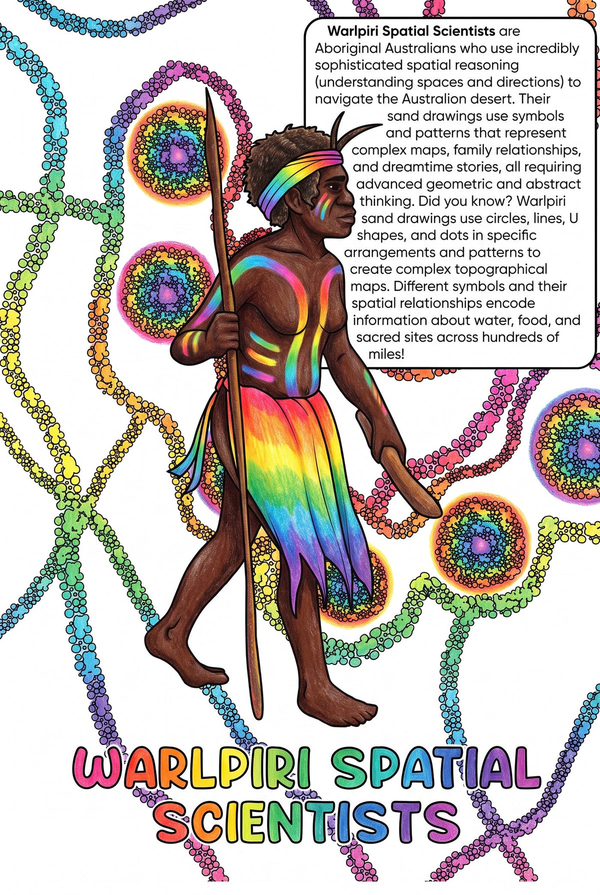 Warlpiri Spatial Scientists colouring page from the Brilliant Minds Ancient African Knowledge Keepers book, shown coloured in