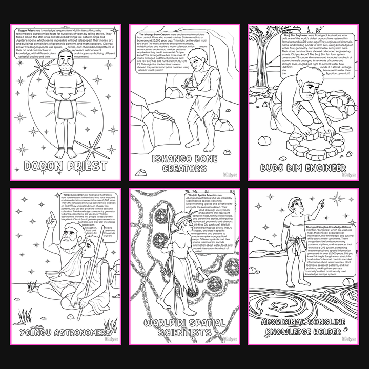 Brilliant Minds Colouring In Series cover: Ancient African Knowledge Keepers, all six printable A4 pages