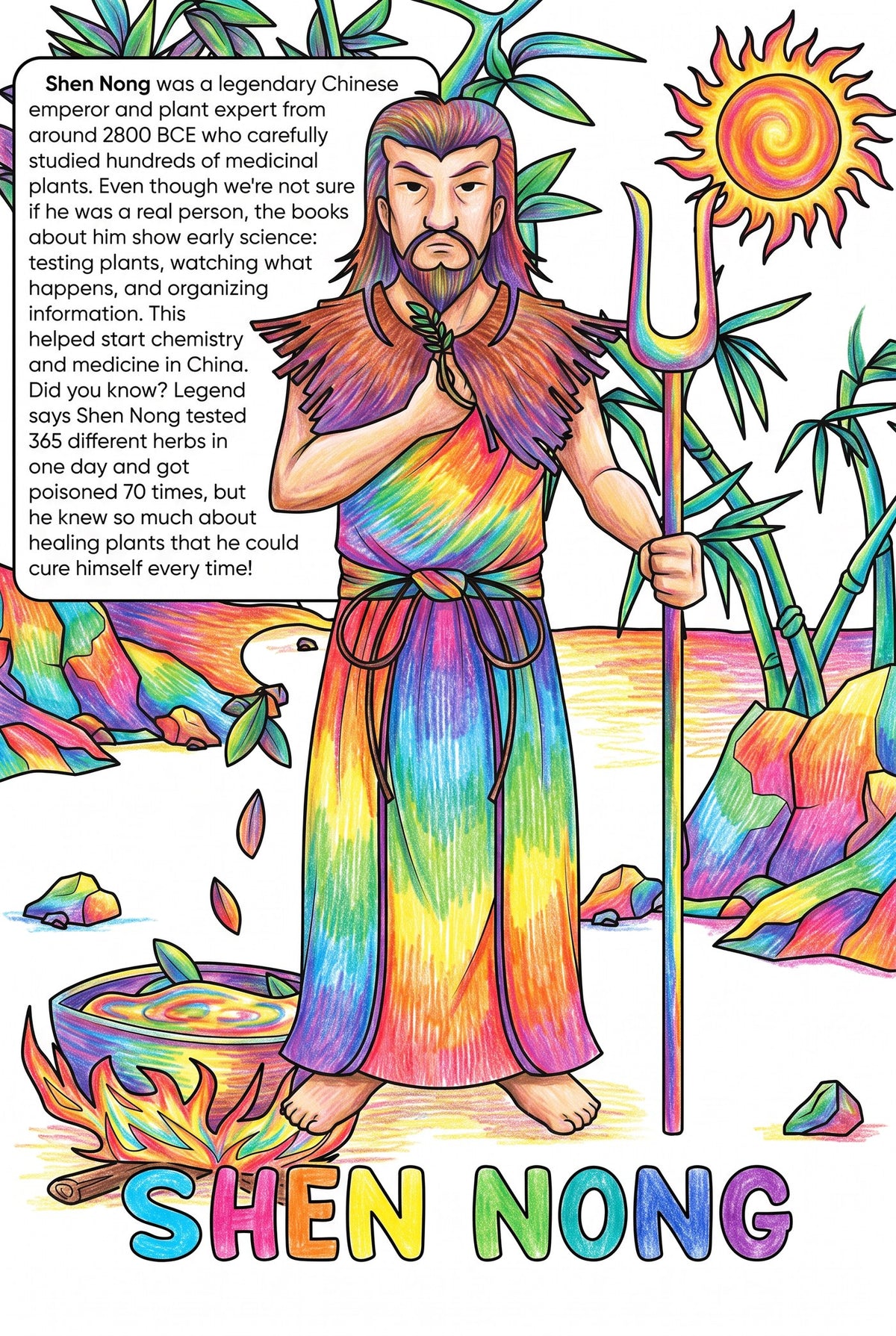 Shen Nong colouring page from the Brilliant Minds Ancient Chinese Mathematicians book, shown coloured in
