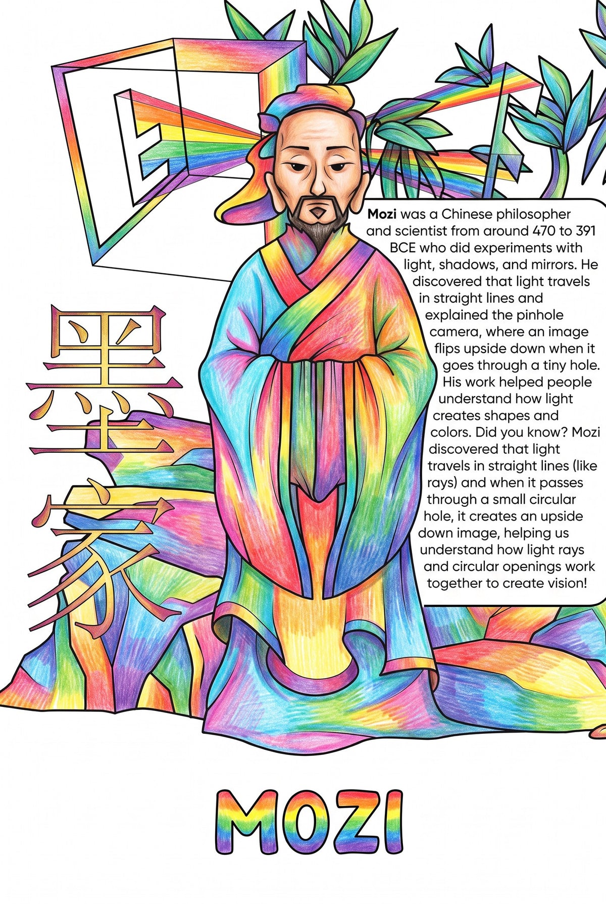 Mozi colouring page from the Brilliant Minds Ancient Chinese Mathematicians book, shown coloured in