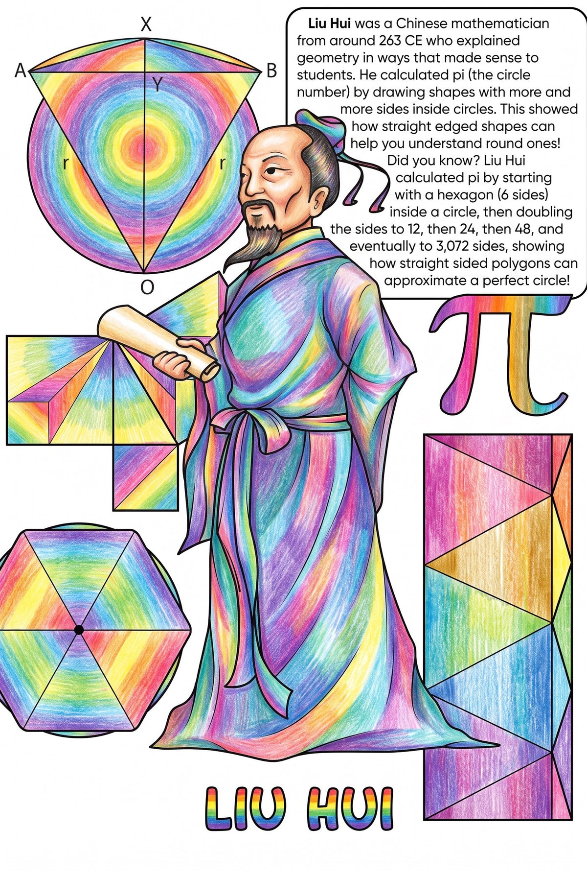 Liu Hui colouring page from the Brilliant Minds Ancient Chinese Mathematicians book, shown coloured in