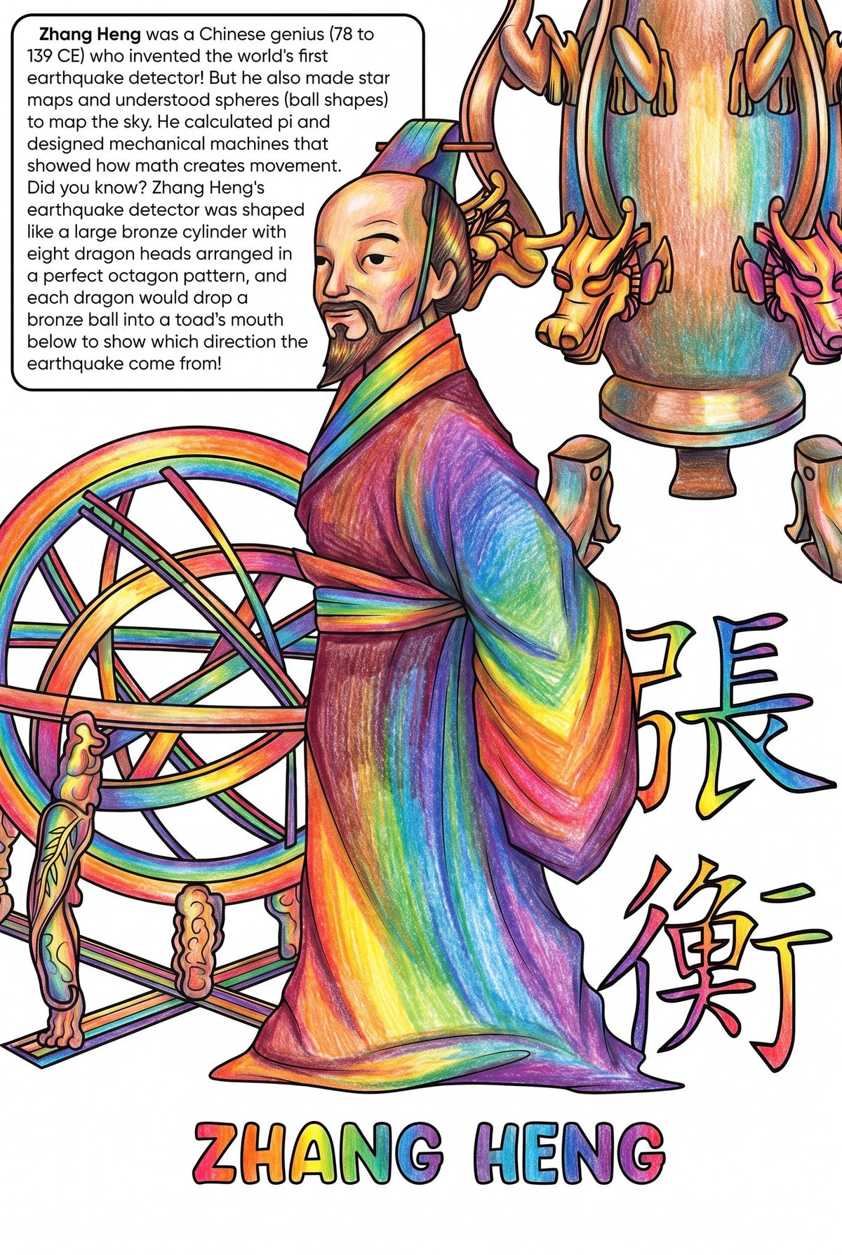 Zhang Heng colouring page from the Brilliant Minds Ancient Chinese Mathematicians book, shown coloured in