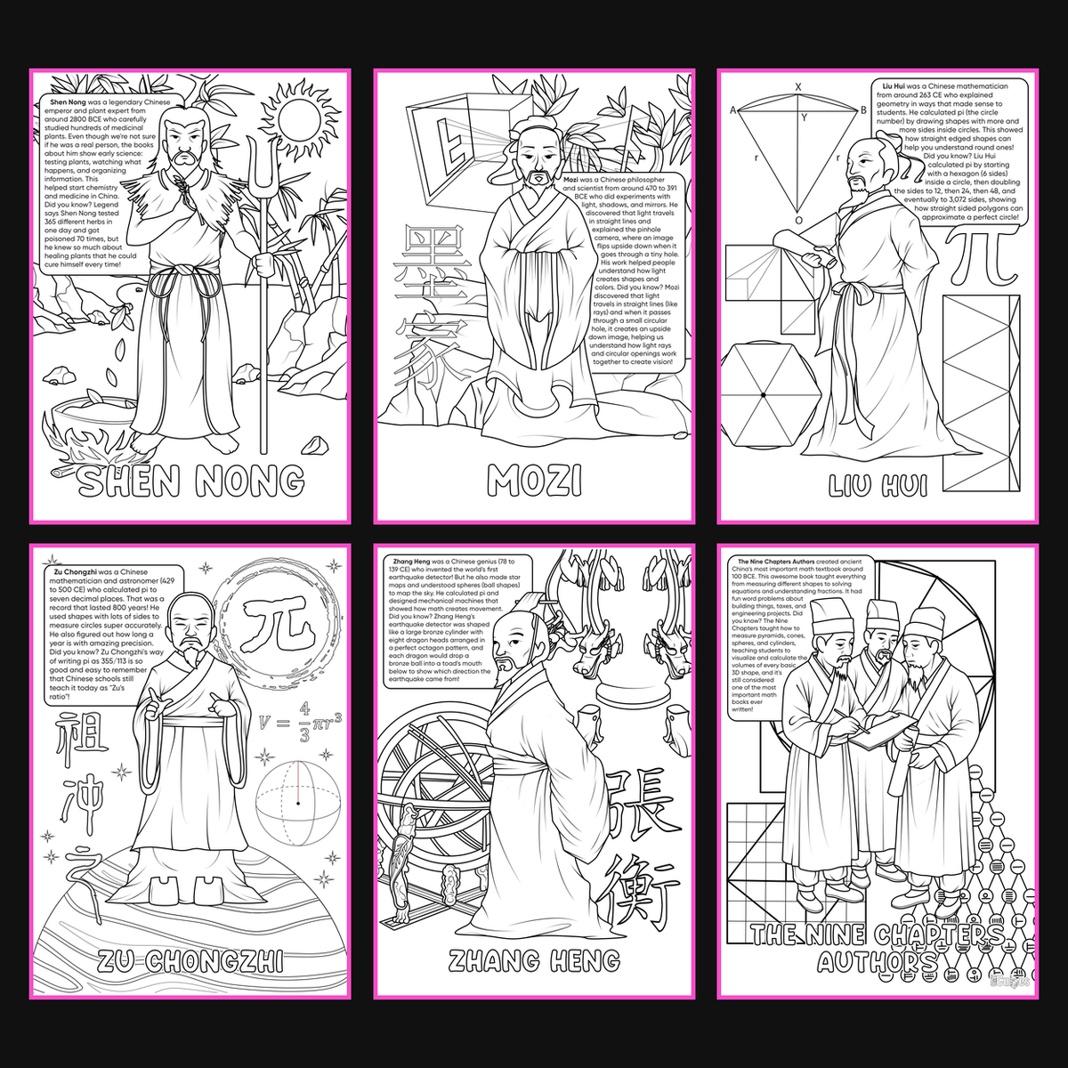 Brilliant Minds Colouring In Series cover: Ancient Chinese Mathematicians, all six printable A4 pages