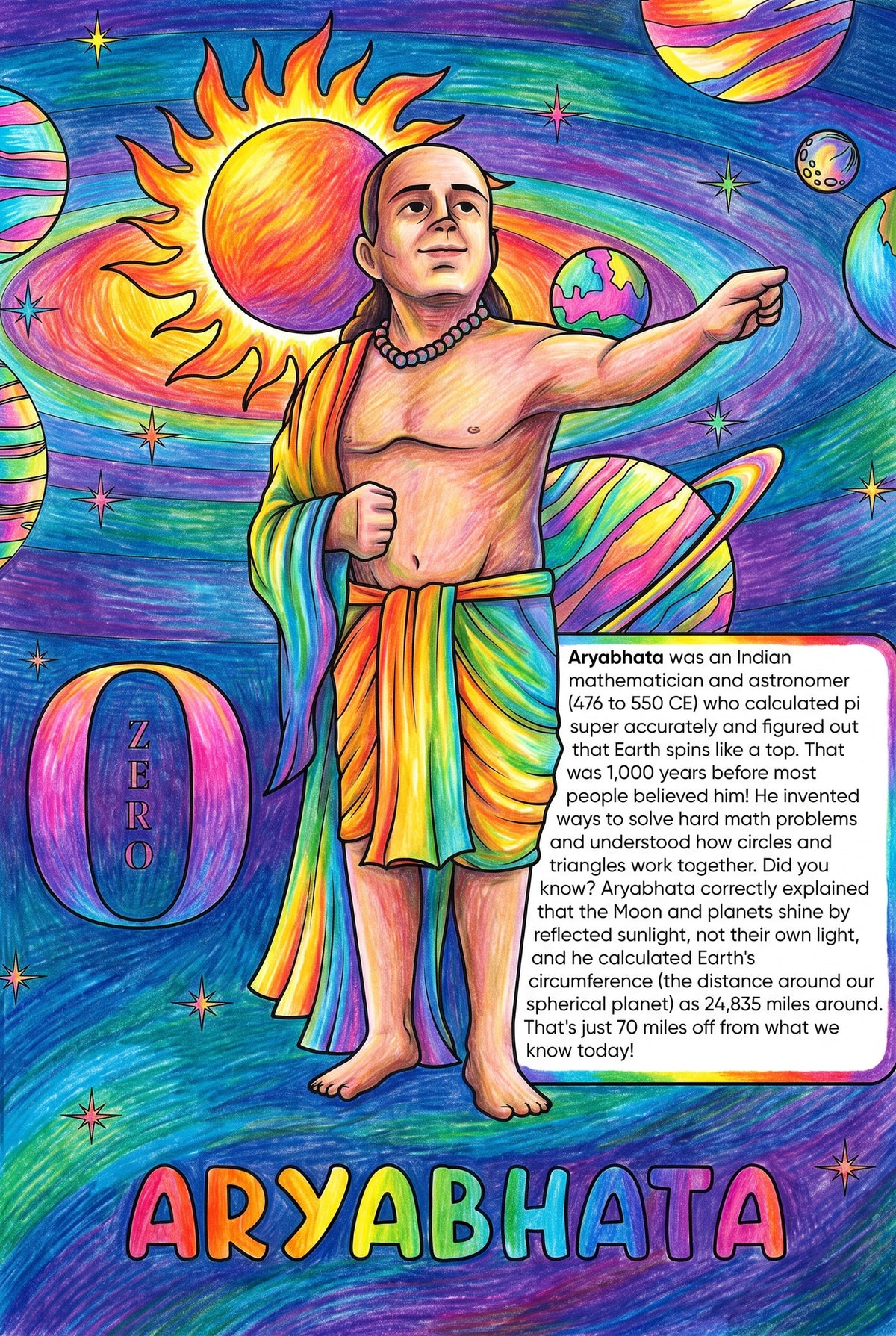 Aryabhata colouring page from the Brilliant Minds Ancient Indian Scholars book, shown coloured in