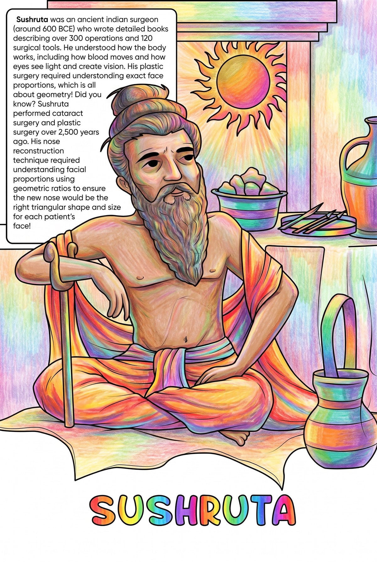 Sushruta colouring page from the Brilliant Minds Ancient Indian Scholars book, shown coloured in