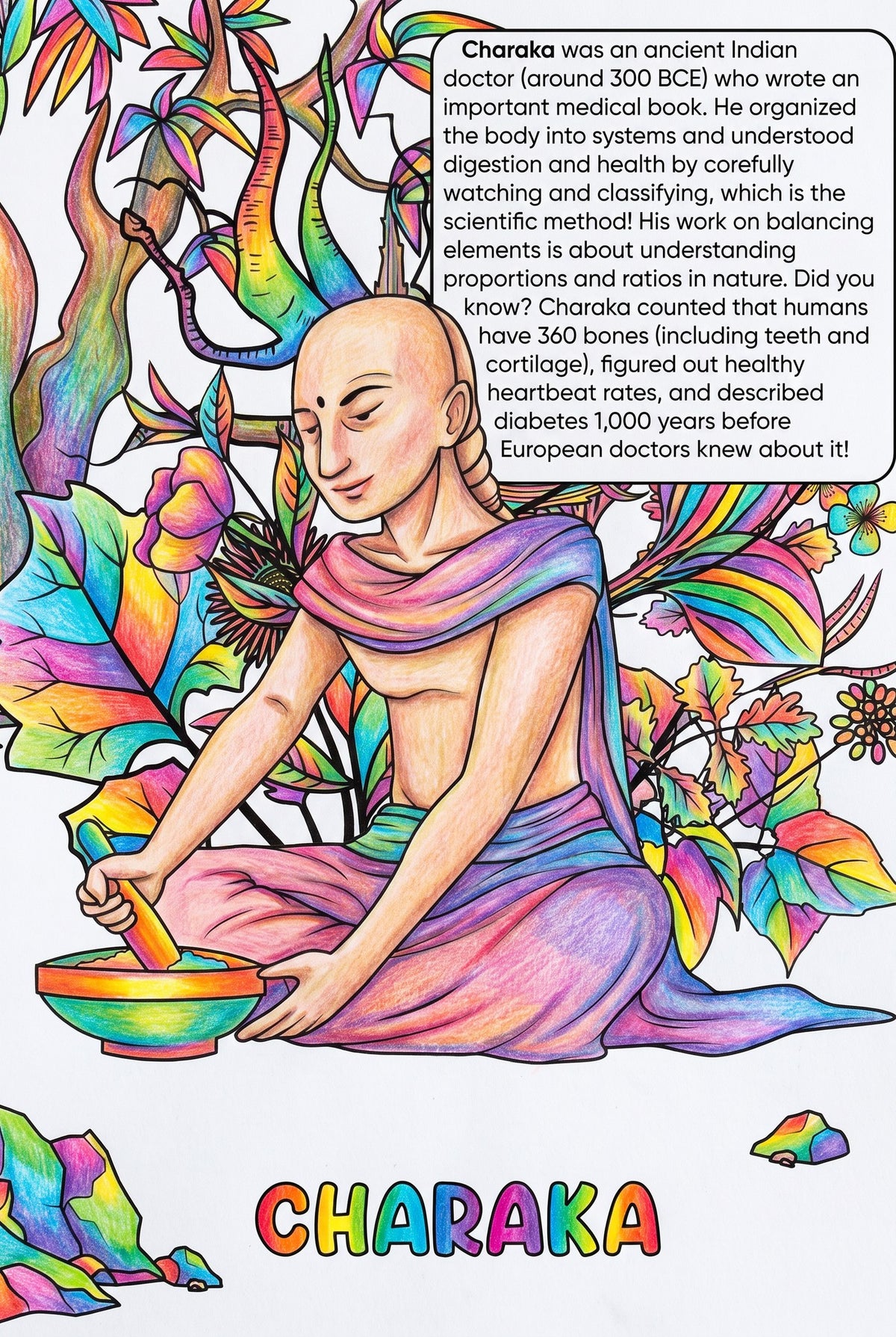 Charaka colouring page from the Brilliant Minds Ancient Indian Scholars book, shown coloured in