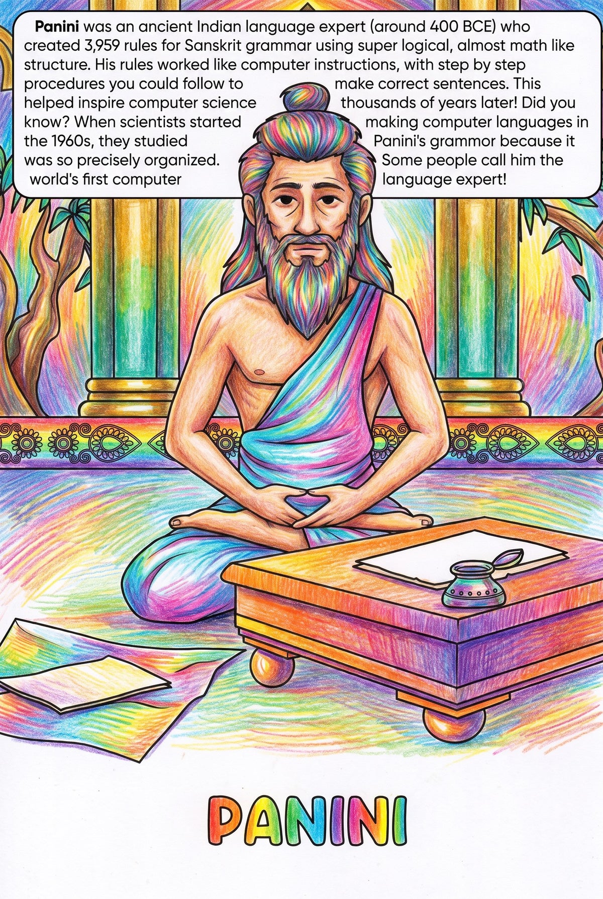 Panini colouring page from the Brilliant Minds Ancient Indian Scholars book, shown coloured in