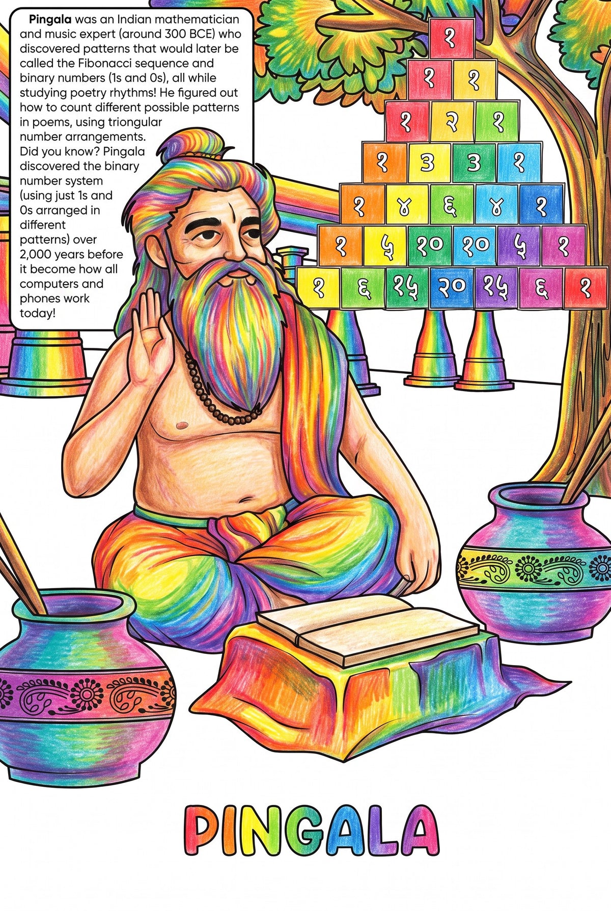 Pingala colouring page from the Brilliant Minds Ancient Indian Scholars book, shown coloured in