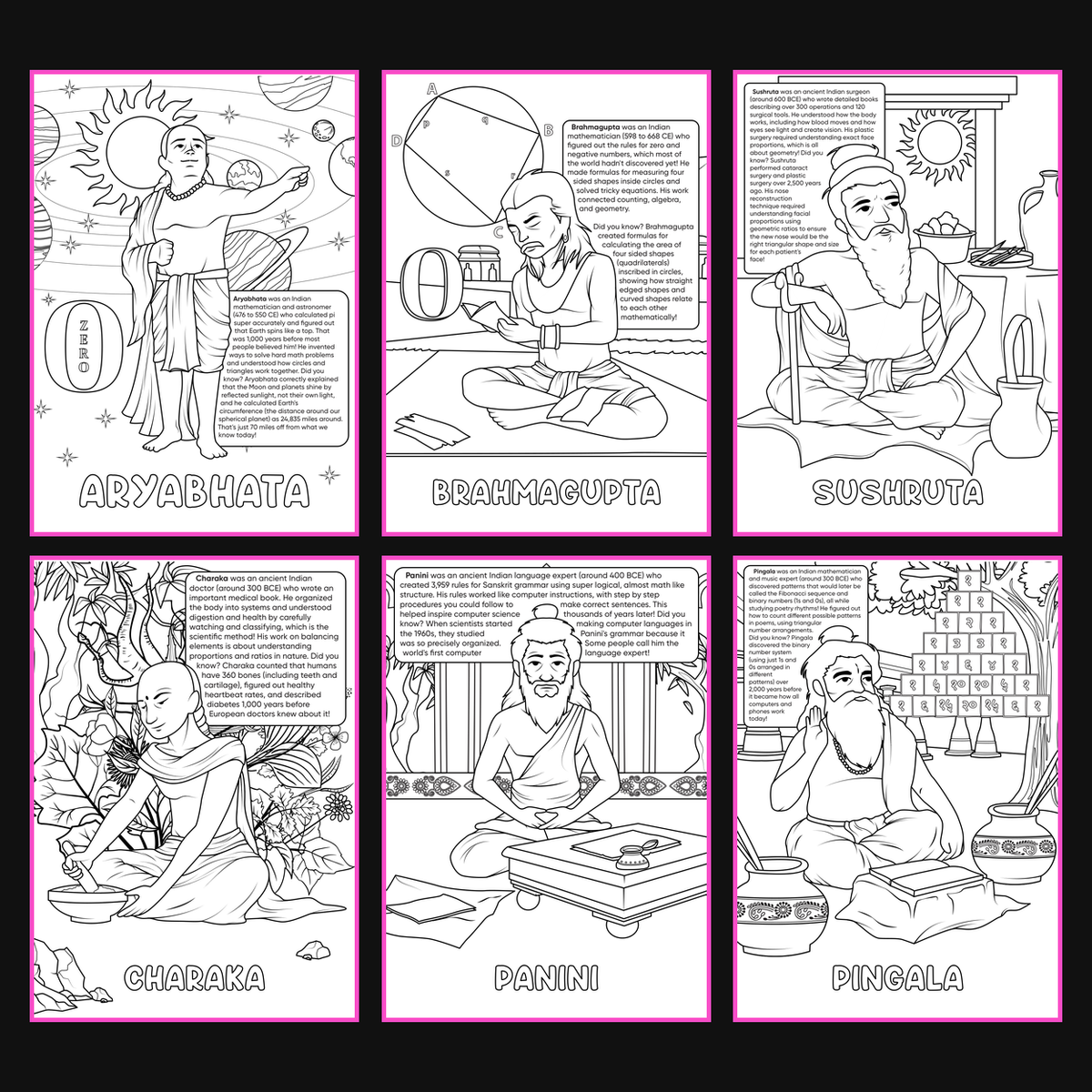 Brilliant Minds Colouring In Series cover: Ancient Indian Scholars, all six printable A4 pages