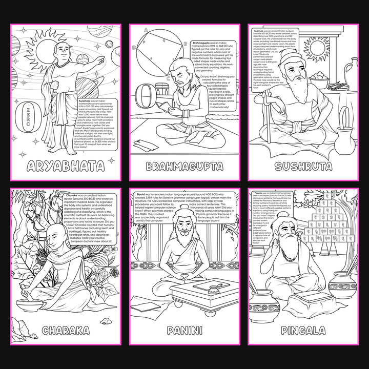Brilliant Minds Colouring In Series cover: Ancient Indian Scholars, all six printable A4 pages