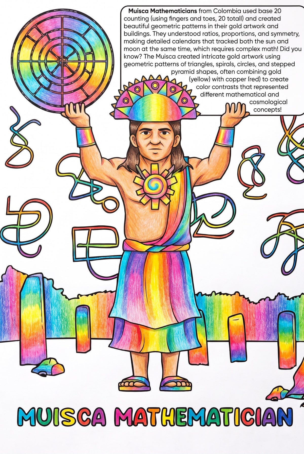 Muisca Mathematicians colouring page from the Brilliant Minds Ancient Americas Engineers book, shown coloured in