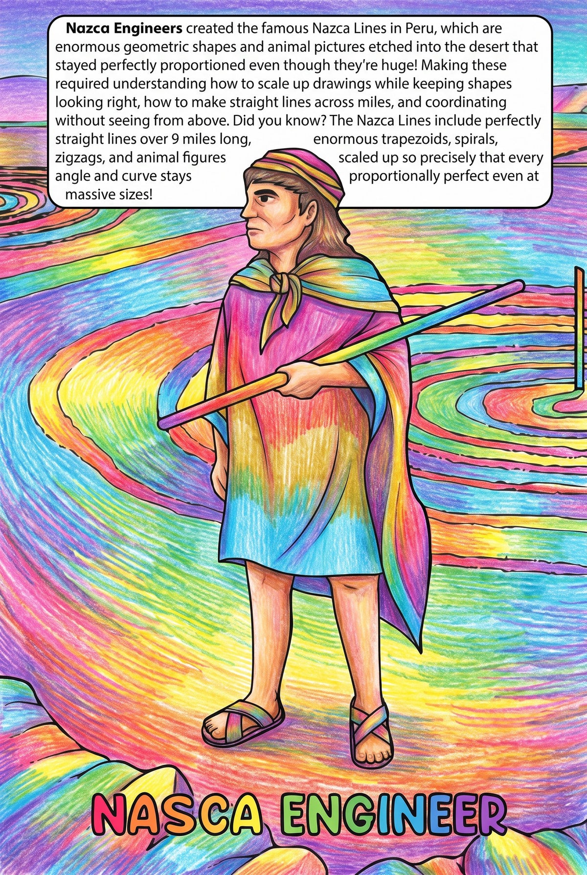 Nazca Engineers colouring page from the Brilliant Minds Ancient Americas Engineers book, shown coloured in