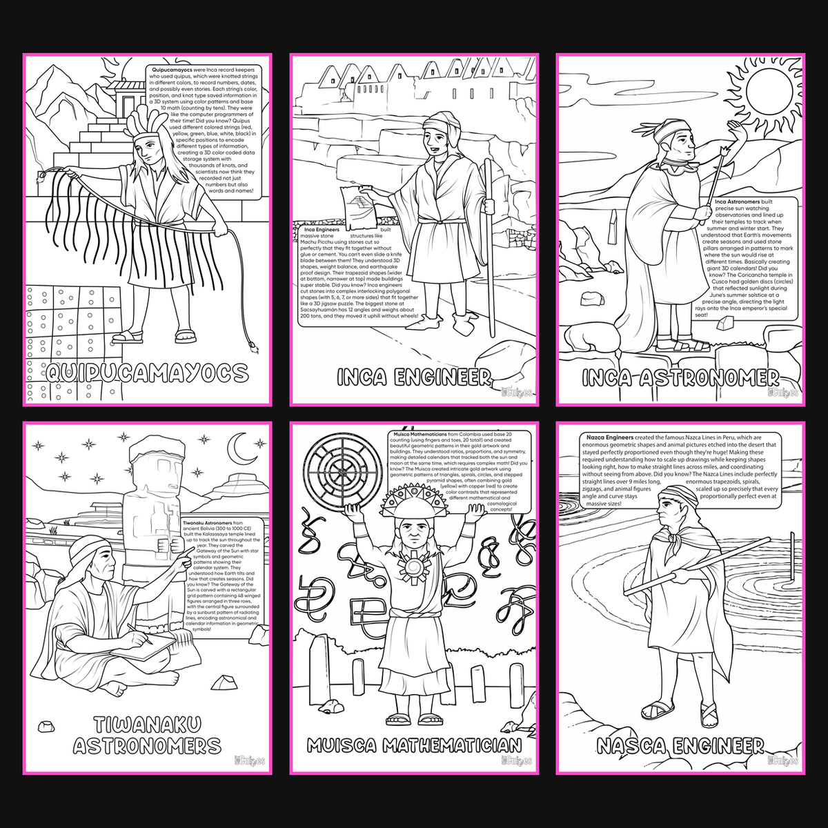 Brilliant Minds Colouring In Series cover: Ancient Americas Engineers, all six printable A4 pages