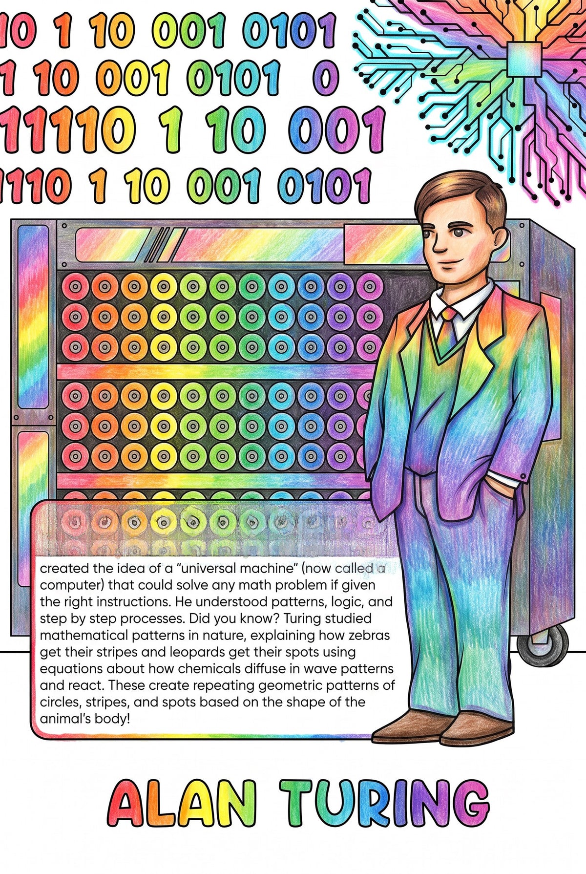 Alan Turing colouring page from the Brilliant Minds Modern Mathematical Pioneers book, shown coloured in