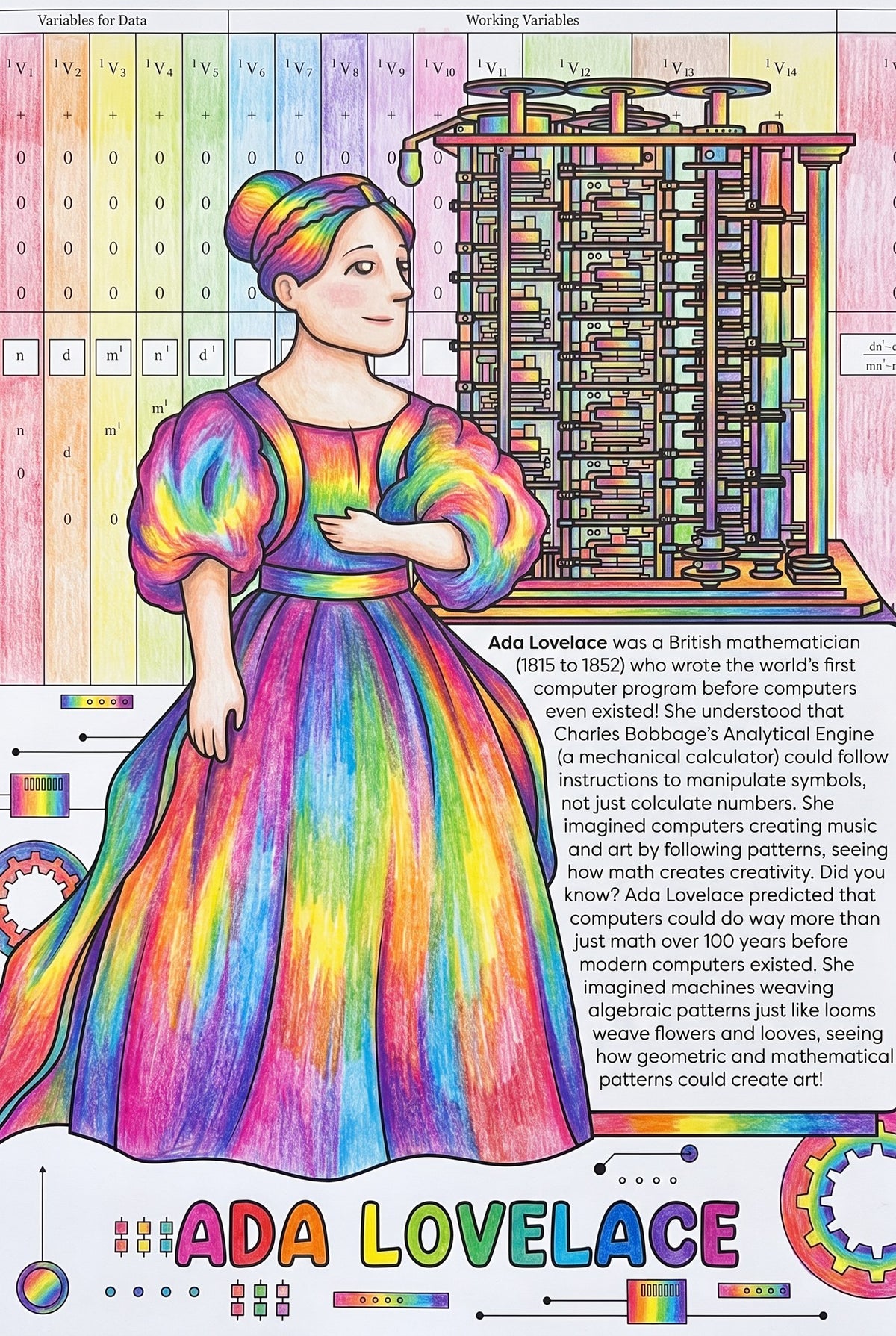 Ada Lovelace colouring page from the Brilliant Minds Modern Mathematical Pioneers book, shown coloured in
