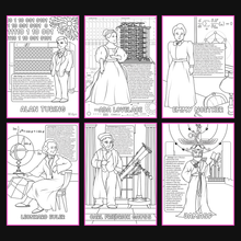 Brilliant Minds Colouring In Series cover: Modern Mathematical Pioneers, all six printable A4 pages