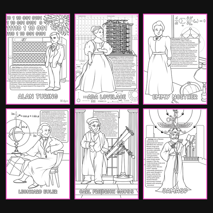 Brilliant Minds Colouring In Series cover: Modern Mathematical Pioneers, all six printable A4 pages