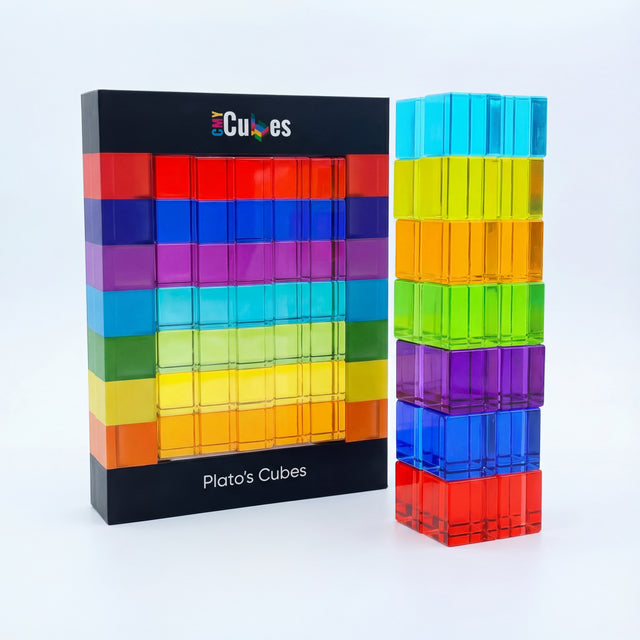 Plato's Cubes, 35 mini translucent cubes in the seven colours of the visible spectrum