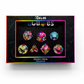 The Septem Aleae seven piece dice set in its CMY Cubes display box with rainbow trim