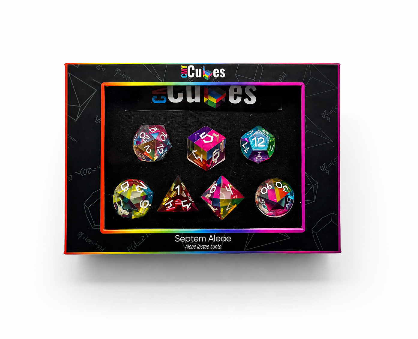 The Septem Aleae seven piece dice set in its CMY Cubes display box with rainbow trim