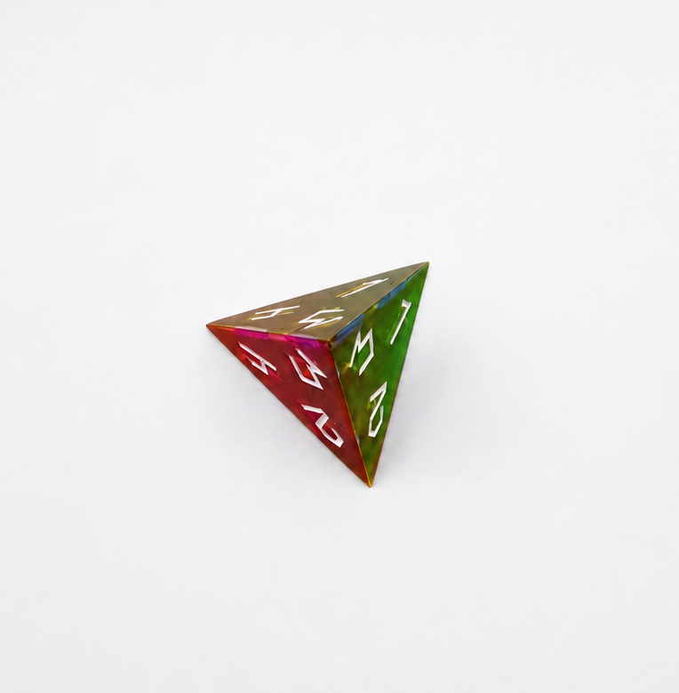 Translucent CMY Cubes four sided d4 die balanced on its point