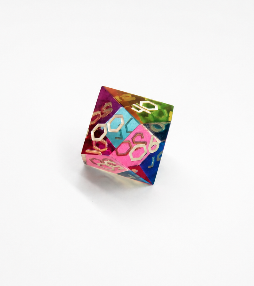 Translucent CMY Cubes twelve sided d12 die mixing cyan, magenta, and yellow