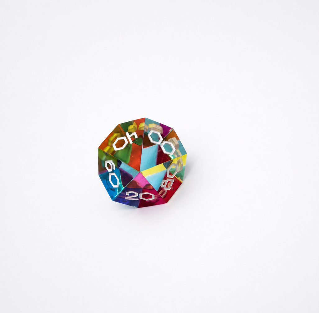 Translucent CMY Cubes percentile d10 die showing 20, 60, and 80