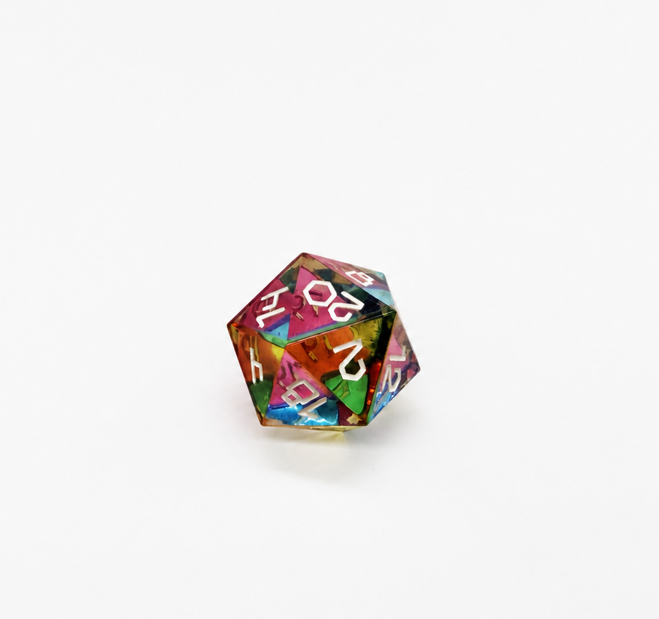 Translucent CMY Cubes twenty sided d20 die showing a natural 20