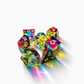 Seven CMY Cubes colour mixing dice scattered on white, throwing rainbow light