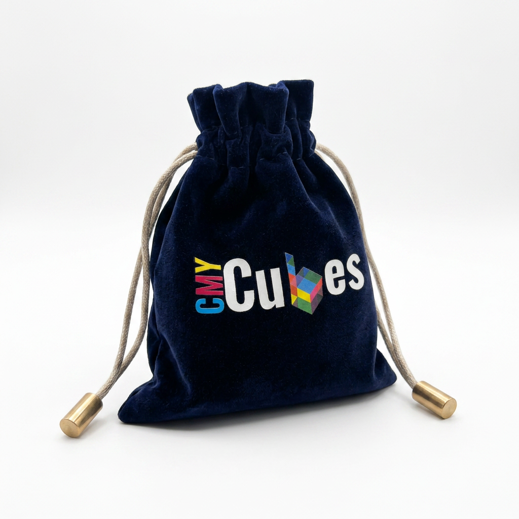 Navy velvet CMY Cubes drawstring pouch included with the Septem Aleae dice set